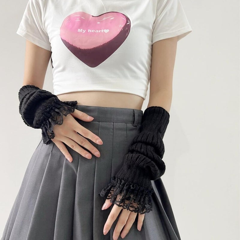 DUNKOING Cute Y2K Arm Warmers Kawaii Knitted Wrist Warmers Long Japanese Harajuku Goth Fingerless Sleeve for Women Girls - Image 3